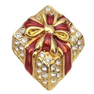 Monet Gold Tone Red Enamel Rhinestone Gift, Present Pin, Signed